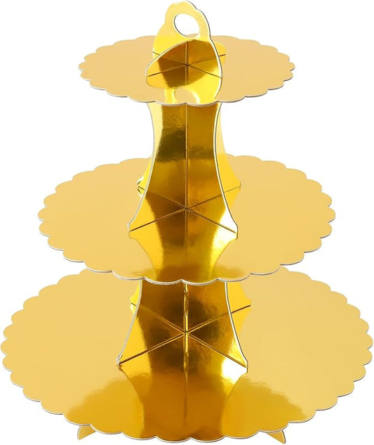 Soleebee 3-Tier Cupcake Stand, Cardboard Cupcake Tower, Dessert Cup Cake Stand Tower for Birthday Wedding Party Decoration, Cupcake Tier Stand 1 Set (Gold)