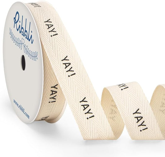Ribbli Cotton Ribbon Natural Twill Tape Cotton with Black Yay Printed Farmhouse Ribbon Use for Gift Wrapping Baking Crafts Home Decor-5/8 Inch x 10 Yard