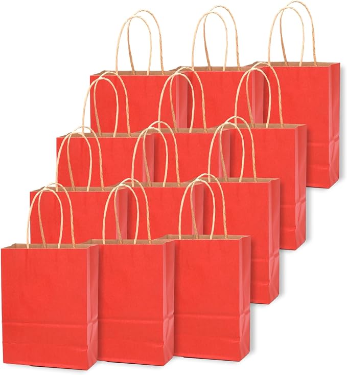 qiqee 24 Pcs Red Mini Paper Gift Bags with Handles 6"x4.5"x2.5" Small Brown Kraft Party Favor Bags Treat Bags Multiple Uses (Mini size)