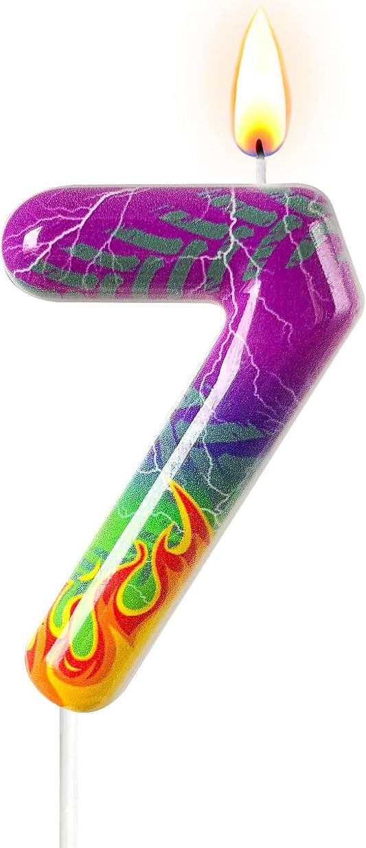 Number 7 Birthday Candle for Cake – Purple Green Flame Design with Lightning & Tire Track Pattern – Off-Road Truck Theme Cake Topper for Birthday Party Decoration
