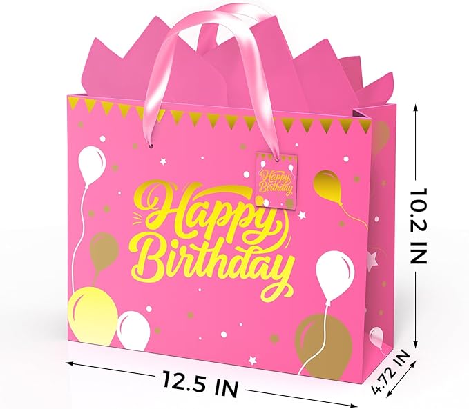 Pink Birthday Gift Bag for Girls – 12.5 Inch Medium Size with Tissue Paper and Greeting Card – Perfect for Women or Mom (1 Piece, Foil Stamping)