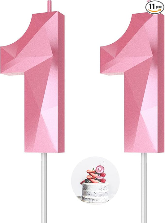 Number Birthday Candles(11 Candle Pink) 3D Diamond Shape 11th Happy Birthday Cake Topper Decorations for Girl Women Birthday Wedding Anniversary Celebration Theme Party Supplies