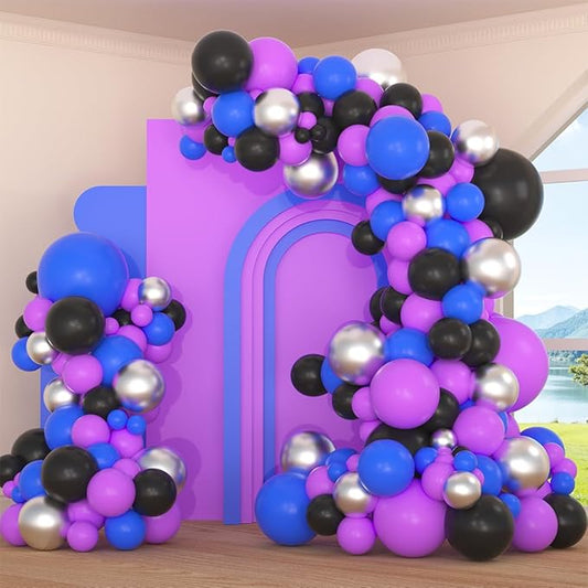 Purple Black Blue Balloon Arch Garland Kit - Purple Blue Black Balloons Metallic Silver Balloons for Video Gaming Miner Birthday Graduation Party Decorations