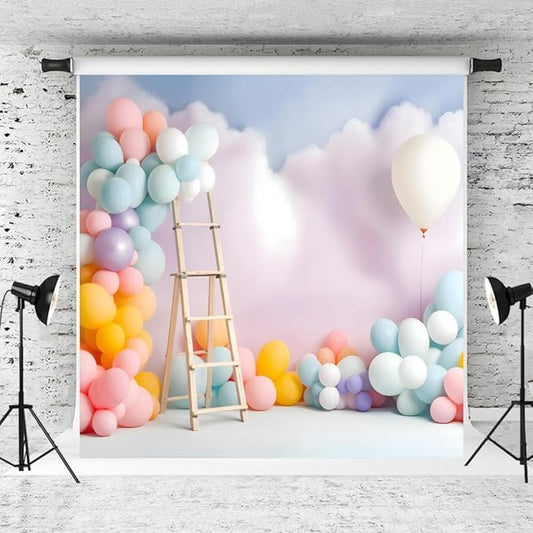 Kate Colorful Balloons Birthday Backdrop for Kids Cake Smash Cloud Home Party Decoration Background Photo Fabric Props (8x8ft)