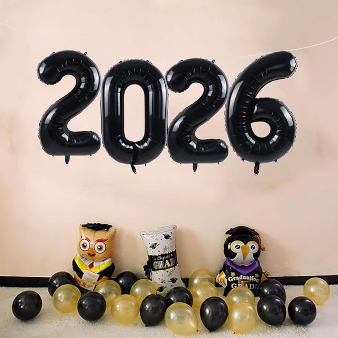 TONIFUL 2026 Graduation Balloons 42Inch Black 2026 Number Balloons Aluminum Foil Mylar Balloons for Graduation New Year Eve Decorations Class of 2026 Christmas Anniversary 2026 Grad Party Supplies