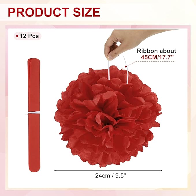 PATIKIL 10inch Tissue Paper Pom Poms, 12PCS Pom Poms Paper Flowers Ball Tissue Paper Flowers for Wedding Bridal Shower Birthday Bachelorette Party Backdrop Decoration, Red