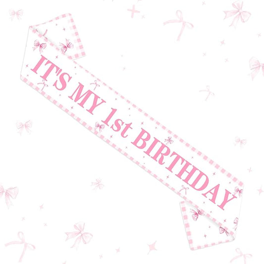 Pink Bow 1st Birthday Party Decoration It's My 1st Birthday Sash for Girl Happy 1 Year Old Birthday Sashes for Baby Girls Daughters Happy 1 Bday Party Favor Supplies Photo Props