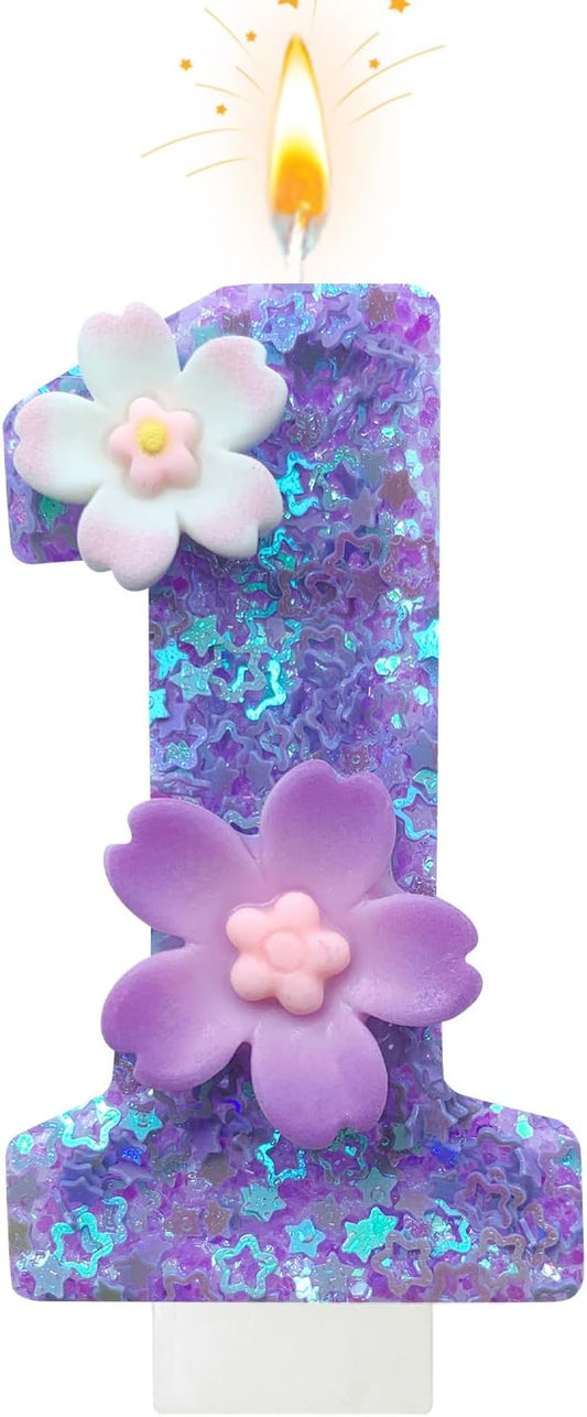 Purple Flower Birthday Candle,Number Birthday Candles for Cake, Ideal Birthday Parties Cake Decor, Wedding Anniversary and Other Celebrations (Number 1, Purple)