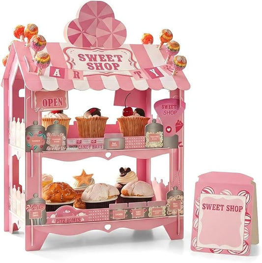 Candy Castle Cupcake Stand 2 Tier - Holds 16 Cupcakes + 12 Lollipops on Roof, Pink Dessert Display for Birthday Theme Party Decorations, Sweet Treat Holder for Cake Candy Buffet