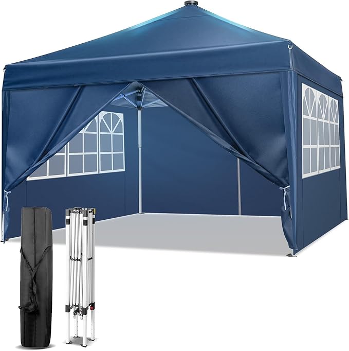 VINGLI 10x10 Pop Up Canopy Tent with Sidewalls, Outdoor Gazebo Canopy Tent, Patio Event Tents Outdoor Event Shelter for Parties (Blue with Led Light)