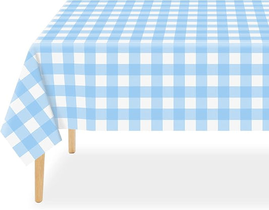 QIKSION Light Blue Gingham Tablecloth Disposable 3 Pack, 54 x 108 Inch Blue and White Checkered Table Cloth for Baby Shower, Easter Decorations, Birthday Party, Rectangle, Plastic Table Cover