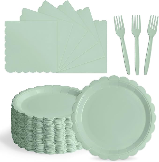 105PCS Paper Plates and Napkins Set, 7 Inch Scalloped Disposable Tableware with Forks for Birthdays, Garden Parties & Outdoor Events,Serves 35 (Sage Green)