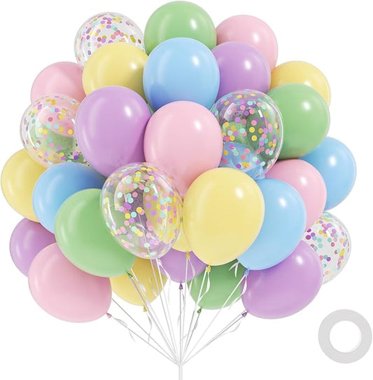60pcs Pastel Balloons 12inch, Colorful Rainbow Light Pink Green Blue Purple Pastel Yellow Confetti Balloons for Baby Shower Birthday Party Decorations
