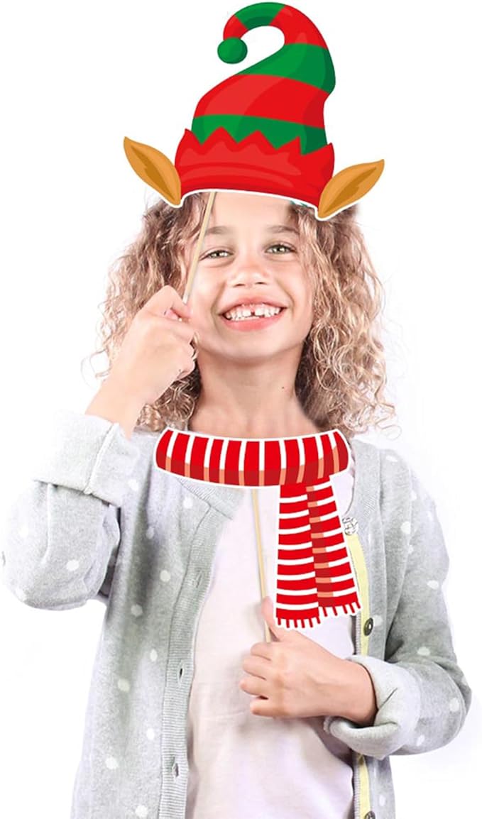 32Pcs Christmas Photo Booth Props Xmas Props for Photoshoot Fun Santa Claus Snowman Elk Glasses Beard Selfie Posing Signs Accessories for Birthday New Year Holiday Photography Decor