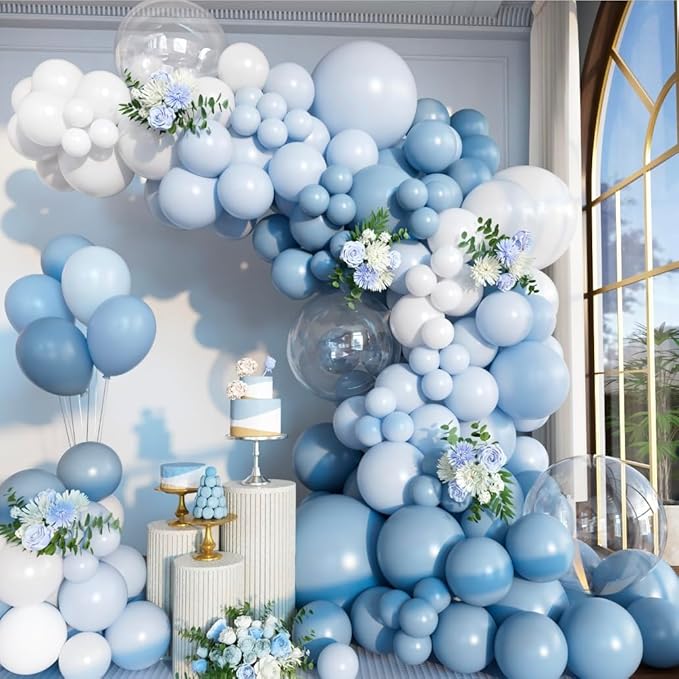 156pcs Dusty Blue Balloon Arch Kit Different Sizes Light blue Baby Blue and White and Clear Latex Balloons Garland Arch Kit for Baby Shower Gender Reveal Wedding Birthday Decorations for Boy Men