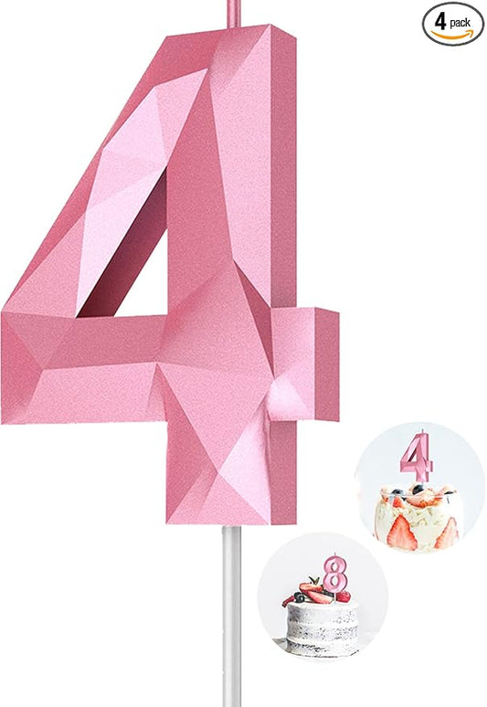 Number Birthday Candles(4 Candle Pink) 3D Diamond Shape 4th Happy Birthday Cake Topper Decorations for Girl Women Birthday Wedding Anniversary Celebration Theme Party Supplies