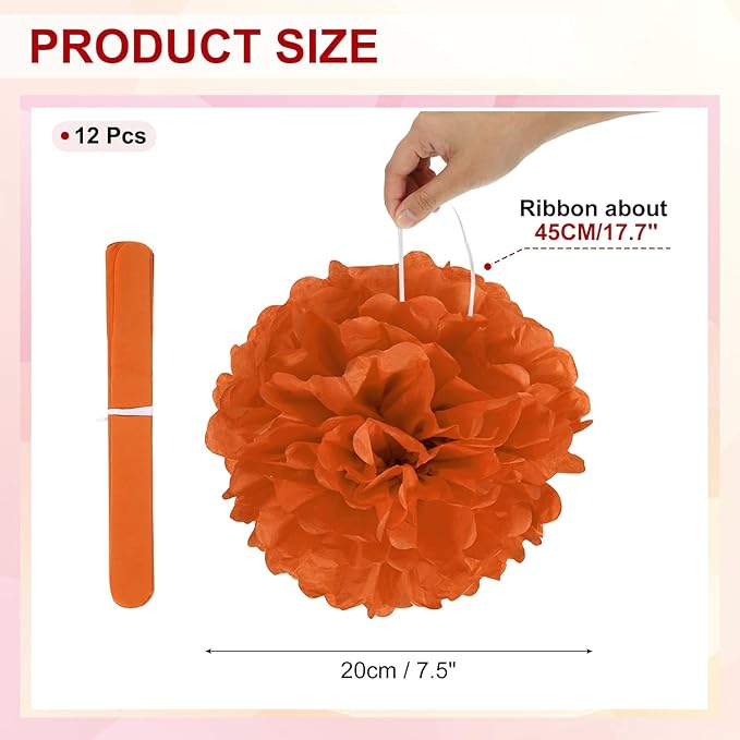 PATIKIL 8inch Tissue Paper Pom Poms, 12PCS Pom Poms Paper Flowers Ball Tissue Paper Flowers for Wedding Bridal Shower Birthday Bachelorette Party Backdrop Decoration, Orange Red