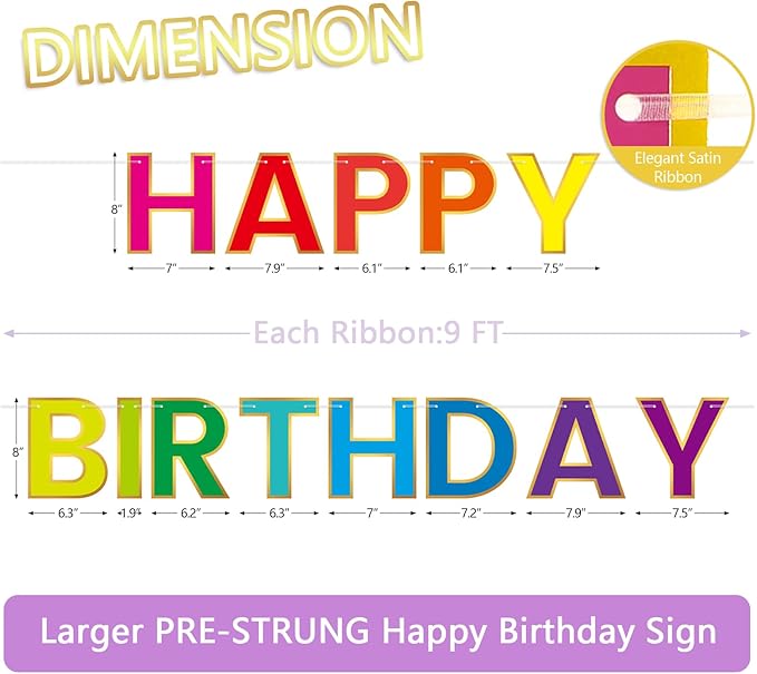 Happy Birthday Banner - 9ft Pre-Strung Happy Birthday Sign for Women, Men, Girls, Boys - No DIY Birthday Decorations & Party Supplies(Colorful)