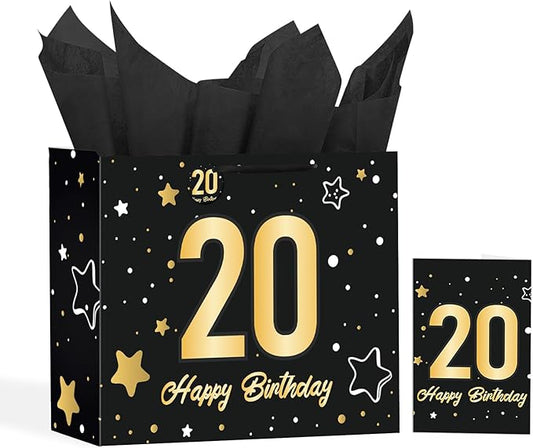 Powbrace 13" Black 20th Birthday Gift Bag with Tissue Paper and Greeting Card for Party,Happy Birthday Gift Bag for Men Women,Gift Bags Medium size(1 Black 20th)