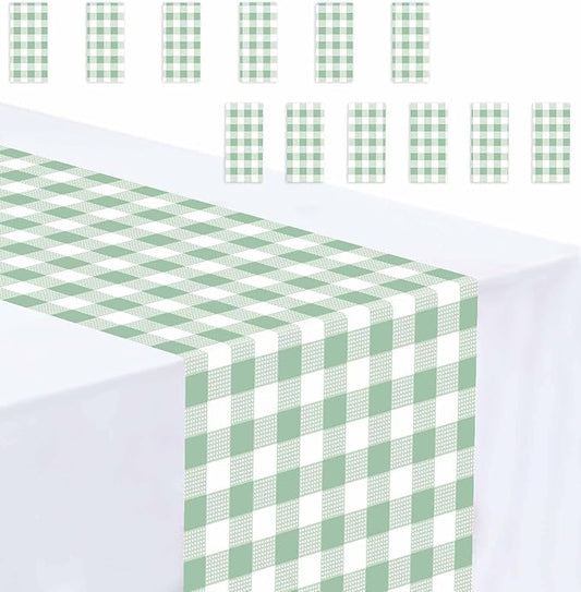 12 Pcs Sage Green and White Checkered Table Runner Plastic 14 x 108 Disposable Sage Green Gingham Table Runner for Birthday Wedding Baby Shower Party Table Centerpiece Decorations