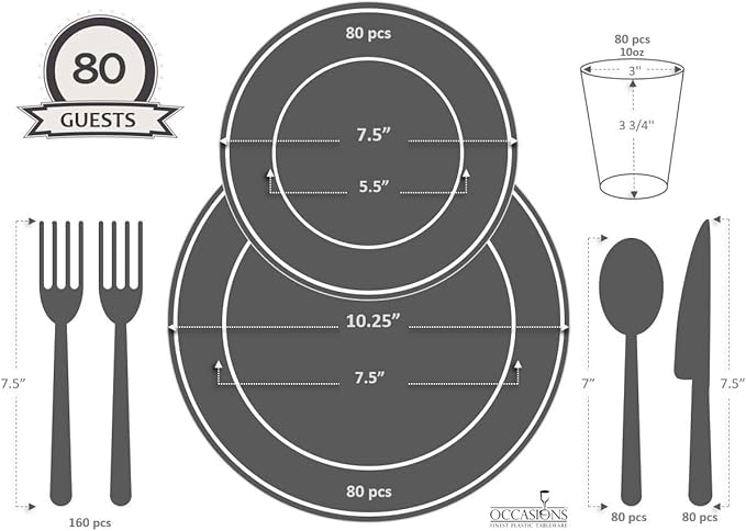 " OCCASIONS " 640pcs set (80 Guests)-Wedding Party Disposable Plastic Plate Set -80 x 10.25'' + 80 x 7.5'' + Silverware + Cups + Napkins (Royal in White/Blue & Gold)
