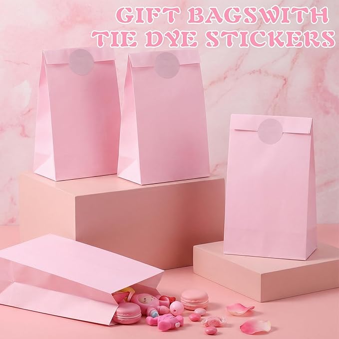 woric 36PCS Pink Paper Bags with Stickers, Small Pink Party Favor Bags for Girls Birthday Self Stand Goodie Gift Bag for Kids Baby Shower Wedding Party Decor