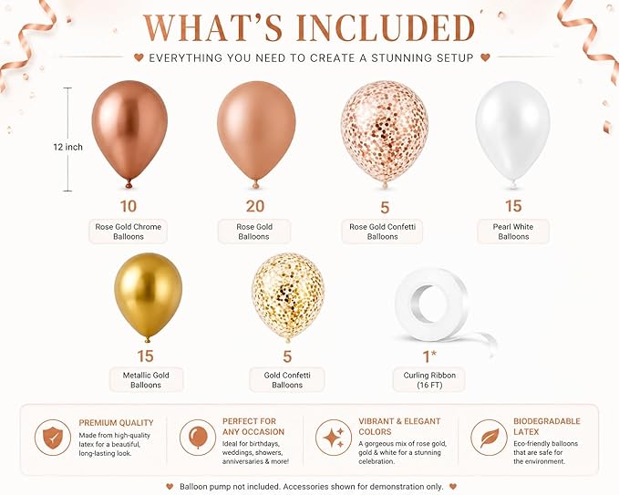 Rose Gold Balloons 70 Pack – Chrome Rose Gold, Gold, White & Confetti 12 Inch Latex Balloons for Birthday, Bridal Shower, Wedding & Balloon Arch Decorations