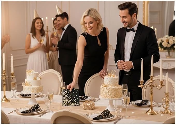 100 Pack Balck Gold Cocktail Napkins with Gold Foil Polka Dot, 3-Ply Party Paper Napkins, 5 x 5 Inches Bar Napkin Disaposable for Weddings, Birthdays, Baby Showers, Anniversaries, and Cocktail Parties