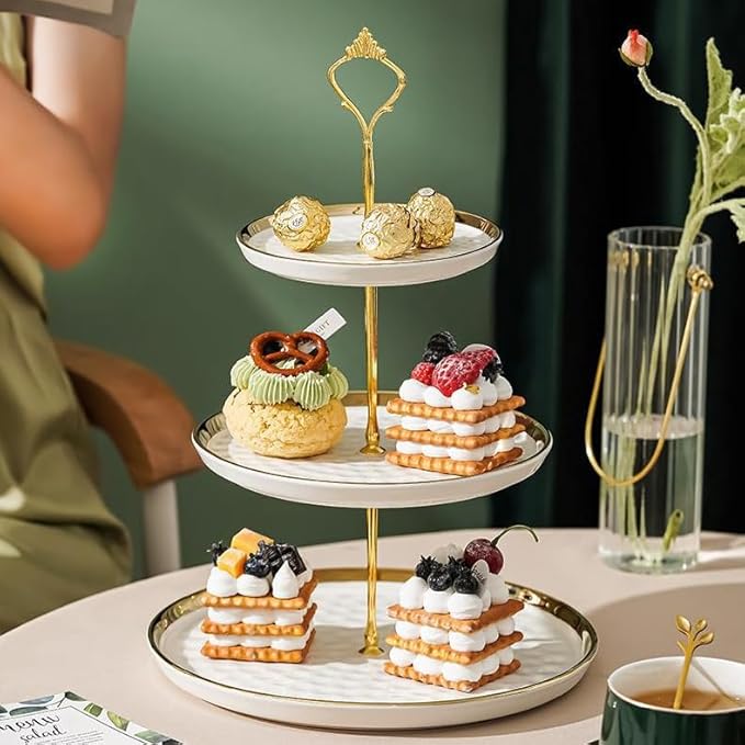 3-Tier Ceramic Cupcake Stand with Gold Trim - Elegant Dessert Serving Platter for Cakes, Pastries, Snacks & Fruits - Parties, Afternoon Tea & Home Decor (White)