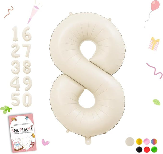 40 Inch Beige Number 8 Balloons for 8th Birthday Decorations Boys Girl, Giant Self-Sealing Cream Foil Number 0-10 White Sand Balloon for Women Men Party Anniversary Baby Shower Supplies