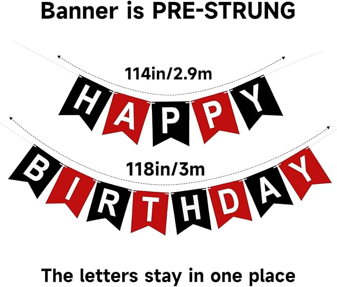 Happy Birthday Banner Birthday Party Banner NO DIY Happy Birthday Sign Pre-Strung Birthday Hanging Decoration for Women Men Girl Boy Party Supplies (Red and Black)