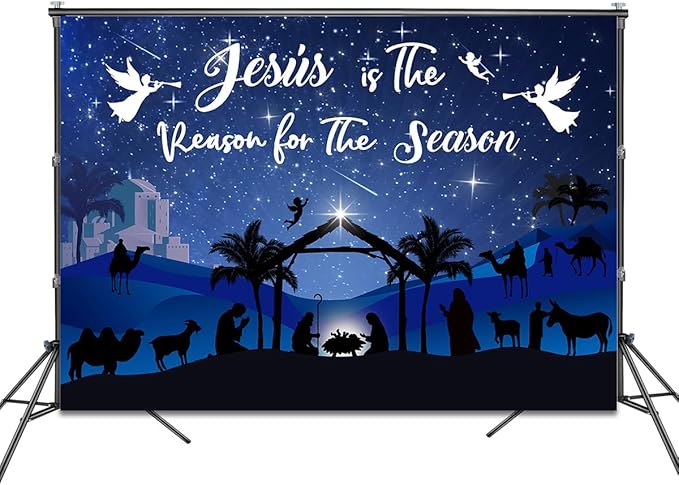 Mocsicka Christmas Nativity Backdrop Blue Large Merry Christams Party Decorations Banner Xmas Christmas Jesus is The Reason for The Season Background Photo Booth (Blue, 10x8ft(120"x96"))