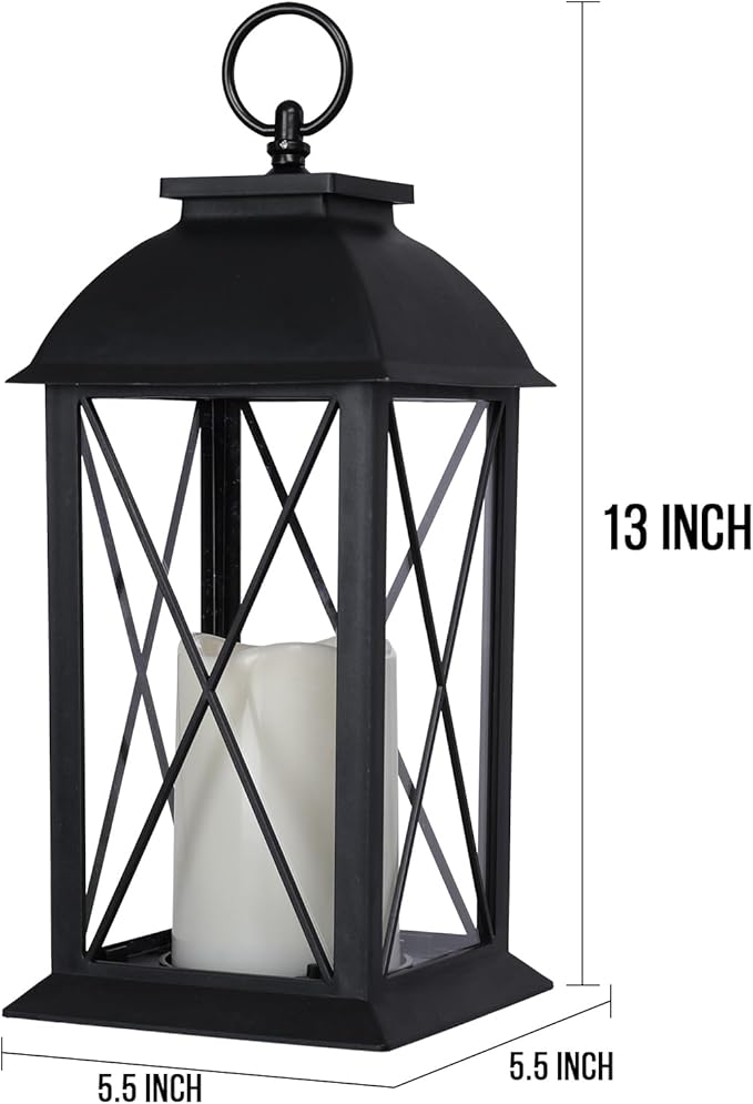 Bdor 2 Pack 13-Inch Black Decorative Lantern with LED Candle (6hr Timer) - IP65 Waterproof Battery Powered - Outdoor Patio Hanging Lanterns Decorative Tabletop Lanterns