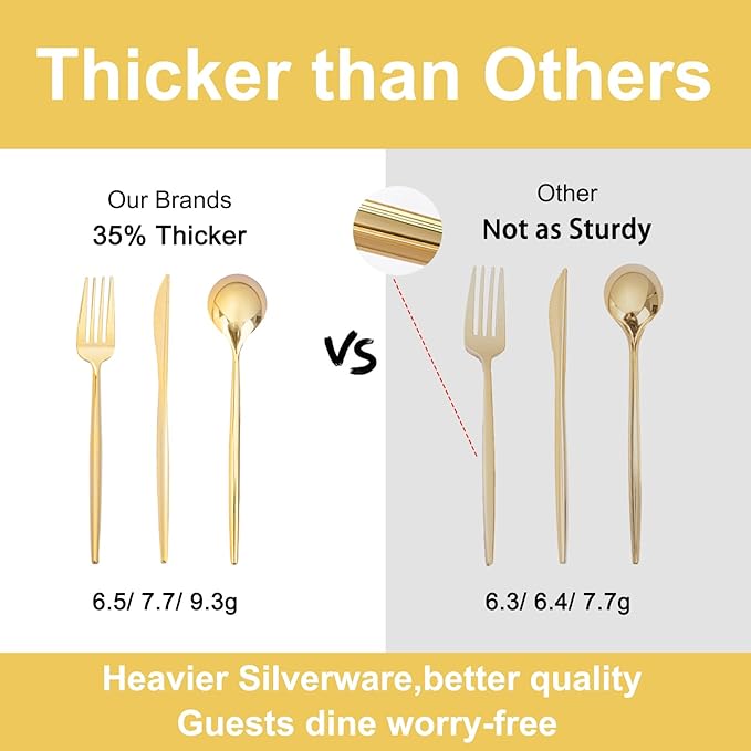 Rubtlamp 180Pcs Gold Plastic Silverware,Luxury Gold Plastic Cutlery,Heavy duty Golden Disposable Flatware, Utensils Set Disposable Include 60Gold Forks,60Gold Spoons,60Plastic Knives for Party,Wedding