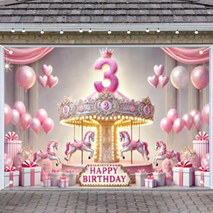 1PC 79x47 Inch Pink Carousel 3rd Birthday Party Backdrop Banner with Happy Birthday Text Balloons and Gift Boxes for Girls Birthday Celebration Indoor Outdoor Wall Door Porch Decoration