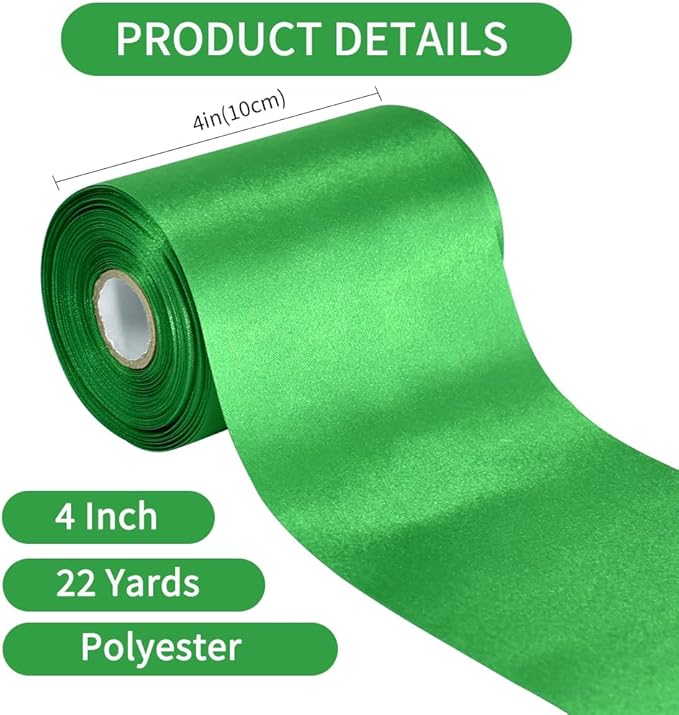 TONIFUL 4 Inch x 22 Yards Wide Green Satin Ribbon Solid Fabric Large Ribbon for Cutting Ceremony Kit Grand Opening Chair Sash Table Car Bows Gift Wrapping Wedding Party Decoration Christmas