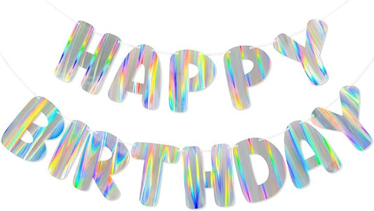 Iridescent Happy Birthday Banner, Pre-Strung Holographic Birthday Decorations Vibrant Party Sign with Aurora, Rainbow Effects