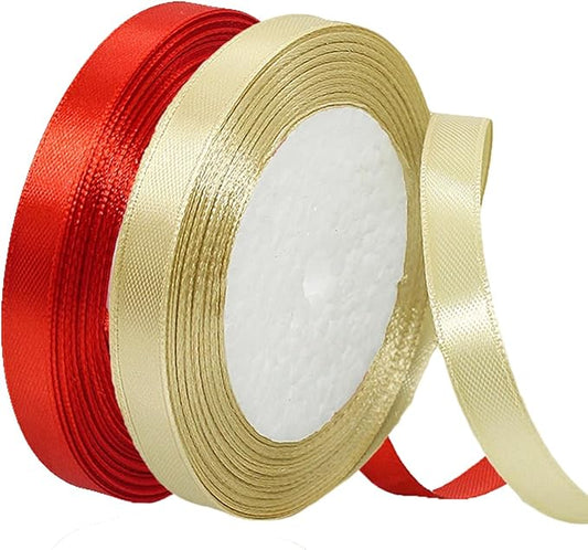 Gold Christmas Ribbon, Gold Red Satin Ribbon 3/8 Inch 50 Yards Fabric Ribbons for Mothers Day Decorations, Christmas Party, Gift Wrapping, Tree Ornaments, Bouquets, Scrapbooking, DIY Hair Bows Making