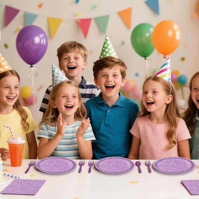 80Pcs Glitter Purple Paper Plates Set, Birthday Party Supplies Disposable Tableware Set Napkins and Forks, Birthday Decor for Girls, Kids Bachelorette & Graduation Parties, 20 Guests