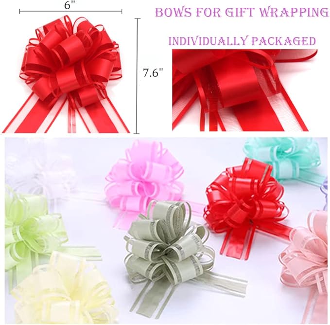 6 PCS Large Pull Bows, Red Pull Bows for Gift Wrapping, 6 Inches Wedding Ribbon Bows for Boxes, Flower Arrangements, Party Decoration (Red)