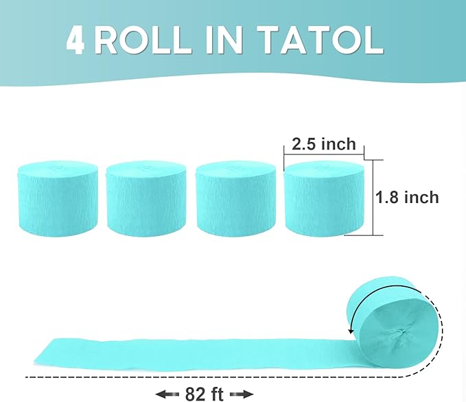 4 Rolls Crepe Paper Teal Streamers – Perfect for Streamers Party Decorations, Wedding, Birthday, Colored Decor, and DIY Craft Supplies(1.8 Inch x 82 Ft/Roll)
