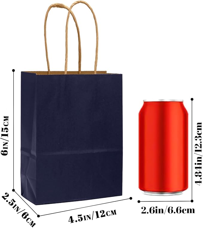 qiqee 24 Pcs Navy Blue Mini Paper Gift Bags with Handles 6"x4.5"x2.5" Small Brown Kraft Party Favor Treat Bags Multiple Uses (Mini size)