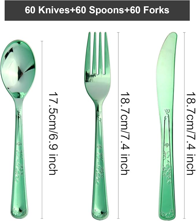 180 Pack Disposable Green Plastic Silverware Contain 60 Forks,60 Spoons,60 Knives, Solid and Durable Plastic Cutlery Utensils Set Perfect for Parties,weddings.