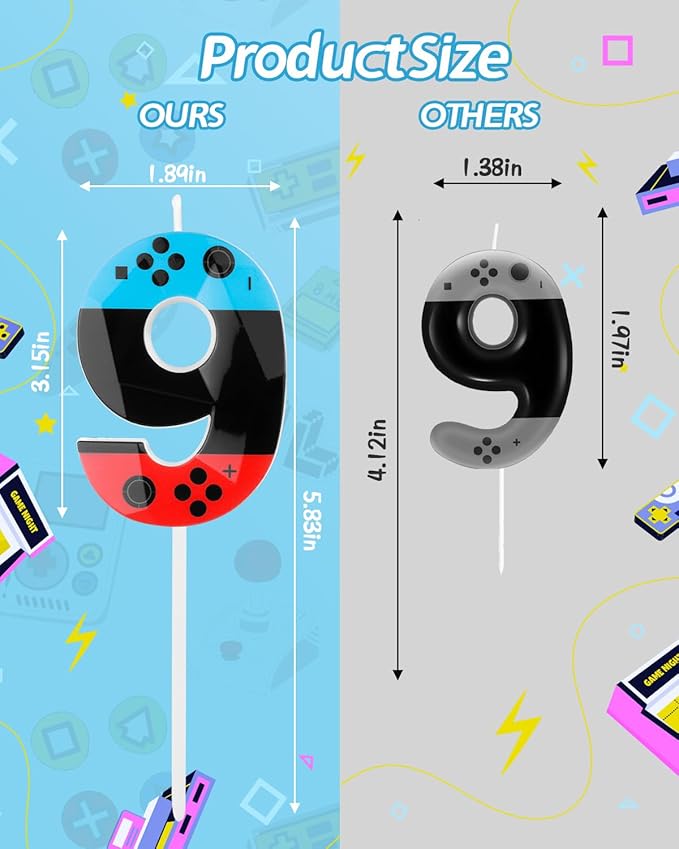 Number 9 Level Birthday Candles, 2.68 inch Gamer Candles, Red Blue Birthday Candles, Game Controller Gamepad Candles,Video Game Controller Themed Kids Boy Girl Party Supplies