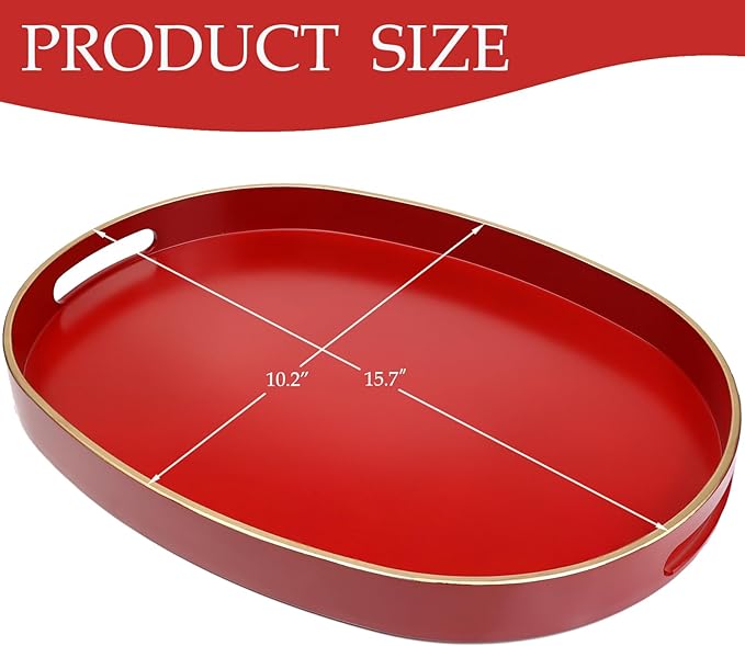 Spsyrine Red Plastic Serving Tray for Ottoman, Coffee Table, Oval Decorative Tray for Entertaining, Outdoor, Living Room, Home Decor