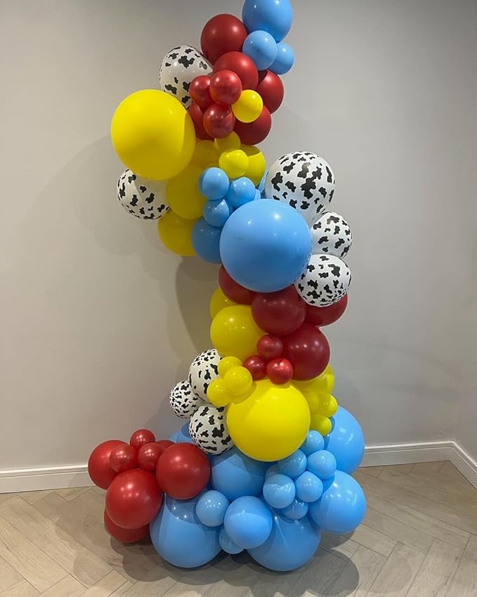 Blue Red Yellow Balloons, 60pcs 12 Inches Cow Pattern Cloud Yellow Red Blue with 1 Ribbon for Birthday Baby Shower Party Decorations