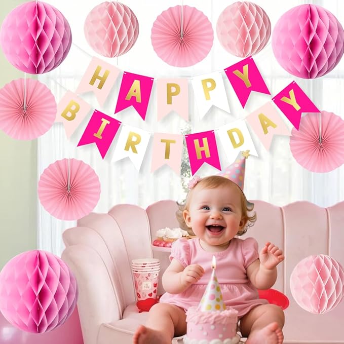 Pink Birthday Decorations Set for Women Girls Happy Birthday Banner Honeycomb Balls Paper Fans Hanging Swirl Streamers Tassels Complete Pink Birthday Party Decor Supplies