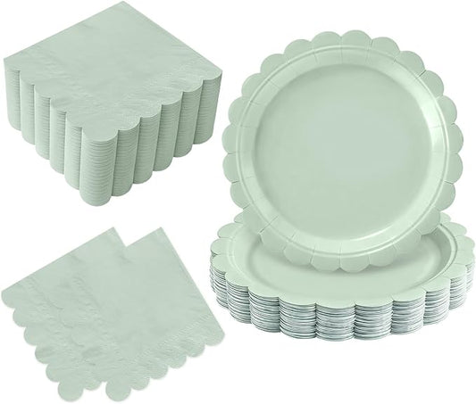 Oigco 50 Pcs Sage Green Plates and Napkins - Disposable Sage Green Scalloped Paper Plates & Napkins for Wedding Bridal Shower Birthday Baby Shower, Serves 25