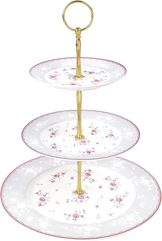 fanquare Pink Rose 3 Tier Porcelain Cupcake Stand, Floral Round Fruit Display Stand, Dessert Tower Tray for Wedding, Birthday and Tea Party