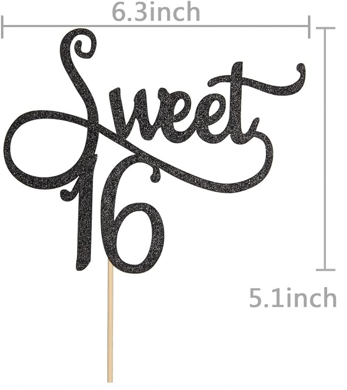 Black Glitter Sweet 16 Cake Topper -16th Birthday Cake Topper - Sweet Sixteen Party Themes Decoration Supplies
